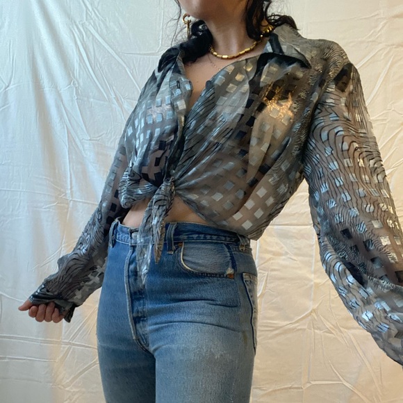 S, M Vintage Sheer Metallic Collared Cropped Blouse
